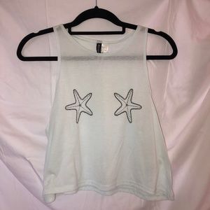 High Neck Cropped Starfish Tank Top - Baby Blue